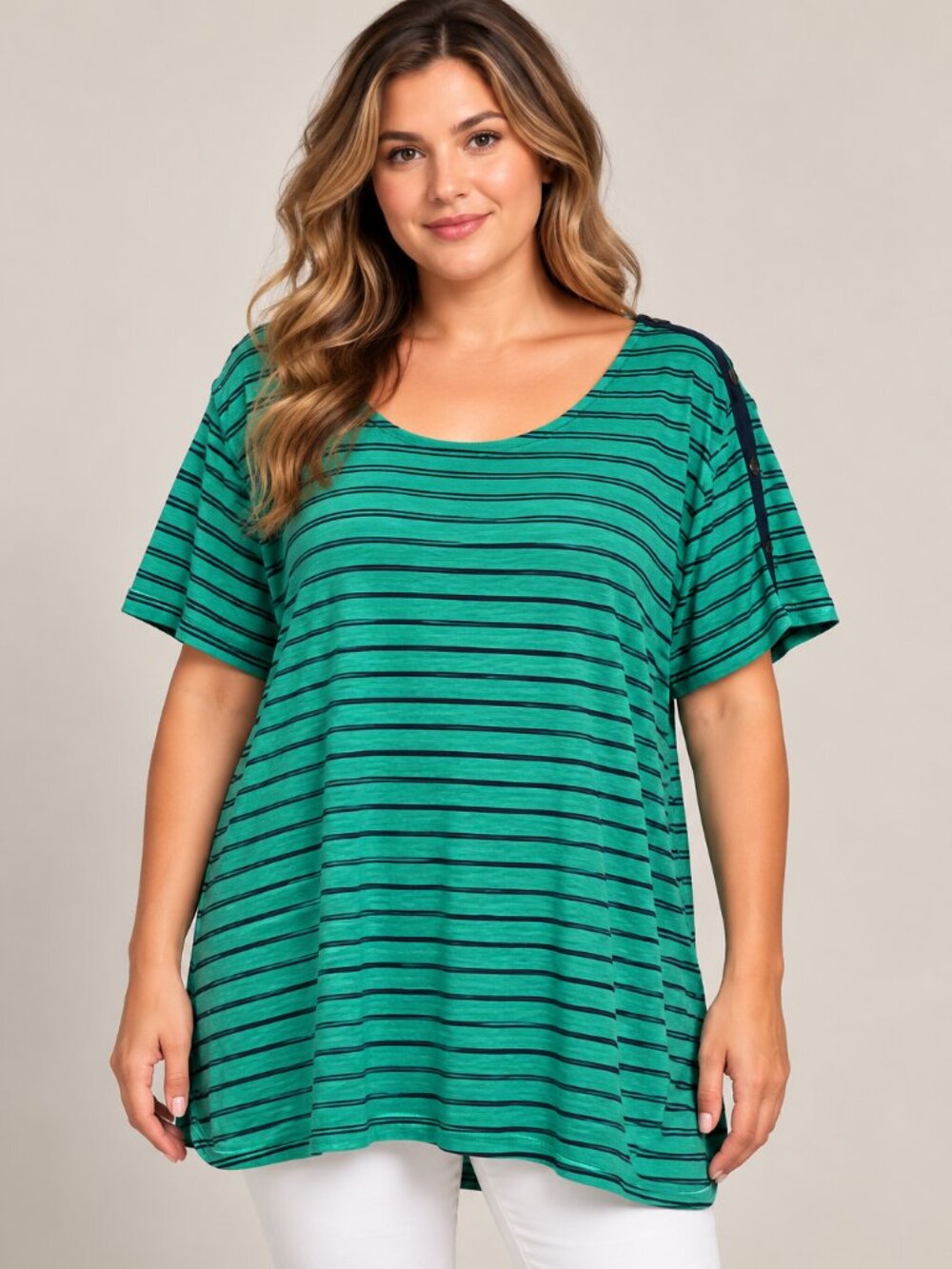 Coral Bay Woman 3X Green Navy Striped Cotton Top Button Shoulder Plus Size